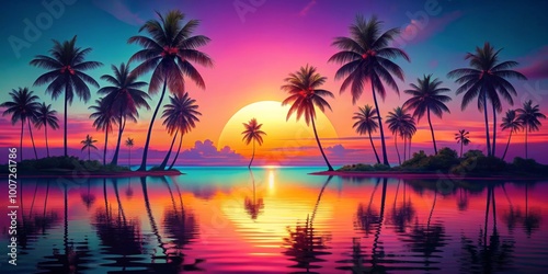 Palm Trees Silhouetted Against a Vibrant Sunset, Digital Painting, Colorful Sky and Water Reflection, Tropical Paradise, Vacation, Escape, Nature