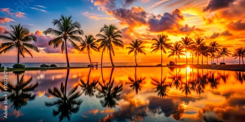 Palm Tree Silhouettes Reflected in a Tropical Sunset, Palm Trees, Tropical Sunset, Silhouette Reflection