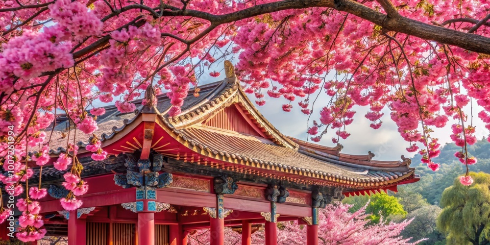 Pink Blossom Canopy Over a Chinese Pagoda, Chinese architecture, cherry blossom, springtime Pink Blossom Canopy Over a Chinese Pagoda, Chinese architecture, cherry blossom, springtime