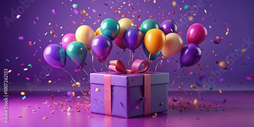 Purple Gift Box Surrounded by Colorful Balloons and Confetti, 3D Rendering, Birthday, Celebration, Gift