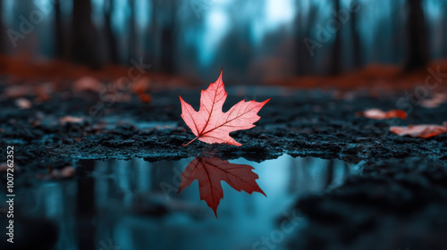 Close-up of a single leaf resting on a puddle of water photo