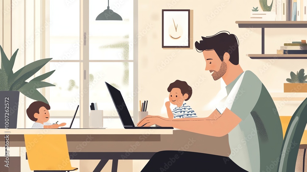 A father works from home while his son plays nearby. The man is focused on his laptop, while the boy is engrossed in his own activity. A father works from home while his son plays nearby. The man is focused on his laptop, while the boy is engrossed in his own activity.