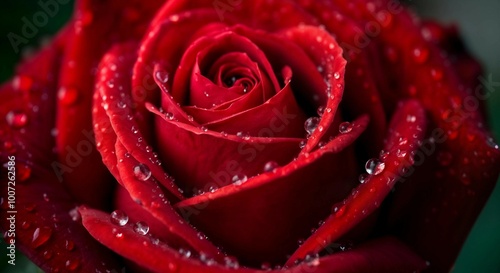 Vibrant red rose with sparkling water droplets macro photography