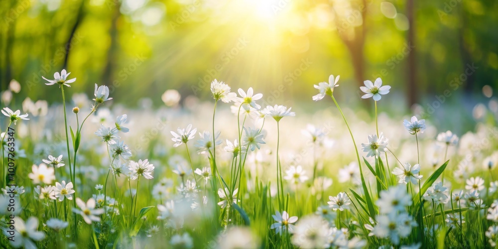 Fototapeta premium Sunlight Through White Wildflowers, Spring Meadow, Nature, Photography, Floral ,spring , wildflowers