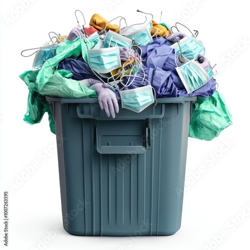 Medical Waste Overflowing in a Blue Recycling Bin