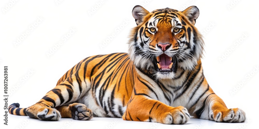Obraz premium Tiger with Open Mouth, Close-up of a Tiger with Open Mouth Lying Down on White Background, Photograph, Tiger, Wild, Predator