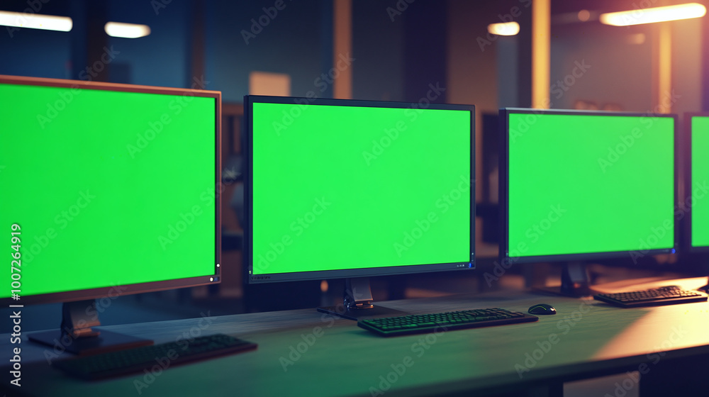 computer led monitors with green screen chroma key indoor modern office screens monitor mockup realistic location furniture loft work station environment atmosphere computer led monitors with green screen chroma key indoor modern office screens monitor mockup realistic location furniture loft work station environment atmosphere