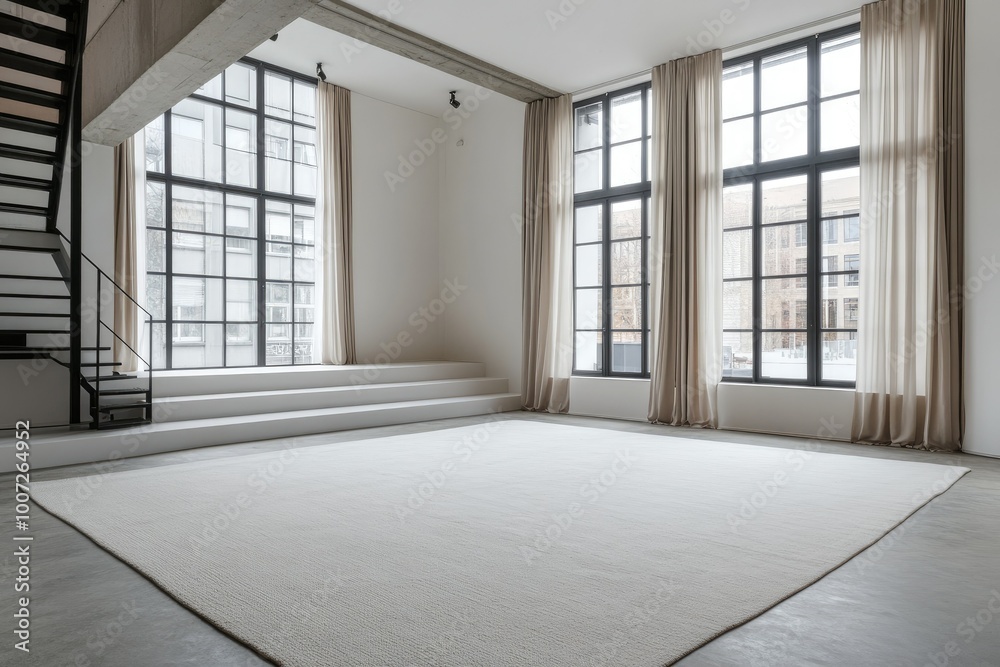 Fototapeta premium Modern Loft Interior with Large Windows, White Walls, and Beige Curtains