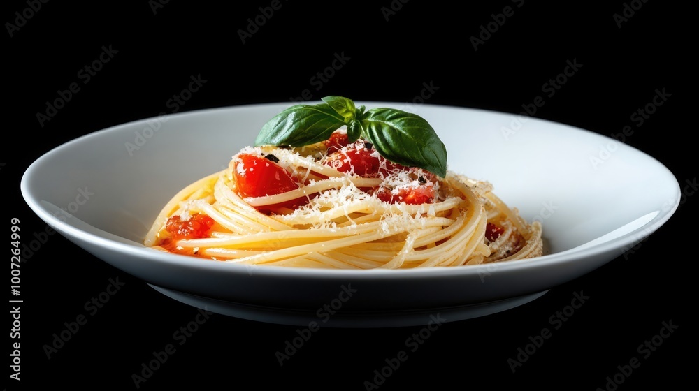 Spaghetti with parmesan cheese, tomatoes and basil. Freshly cooked Italian pasta isolated on black background Spaghetti with parmesan cheese, tomatoes and basil. Freshly cooked Italian pasta isolated on black background