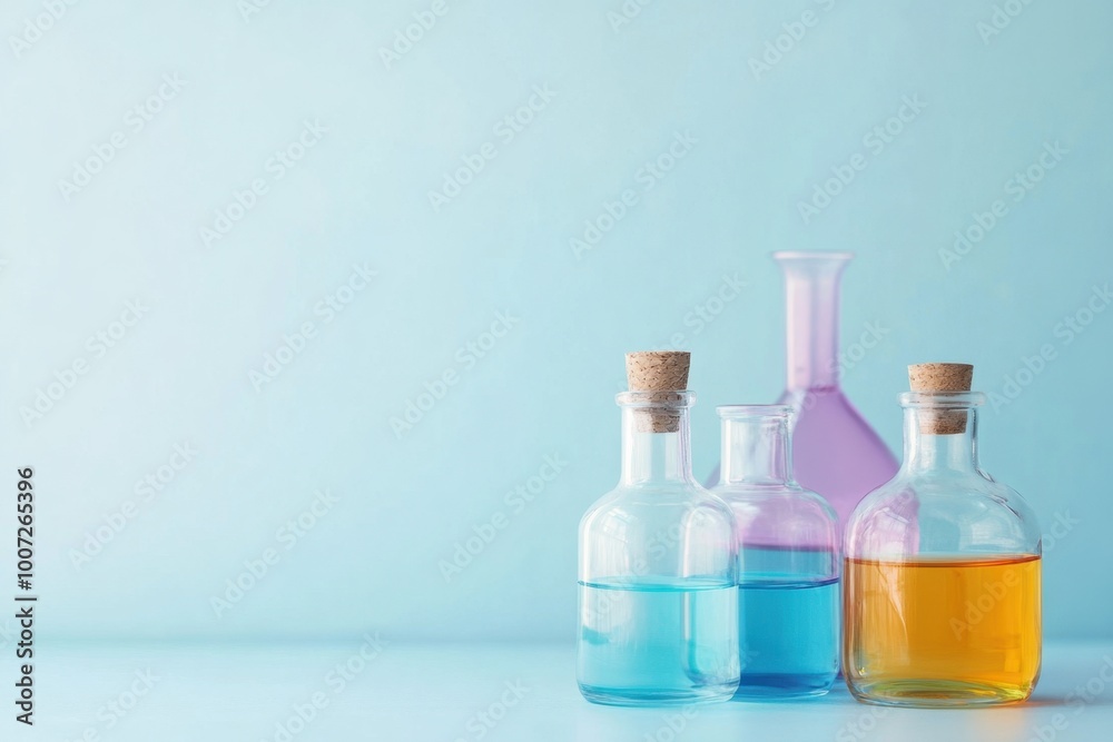 Vibrant glass bottles on pastel backdrop