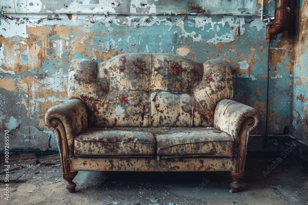 A worn-out couch sits in a cluttered and dusty space A worn-out couch sits in a cluttered and dusty space