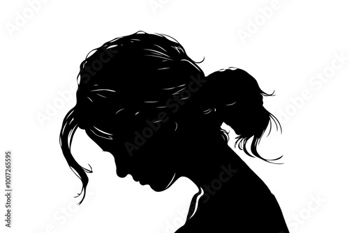 Silhouette of a sad woman with a messy bun hairstyle, depicted on a white background. Concept of solitude and depression