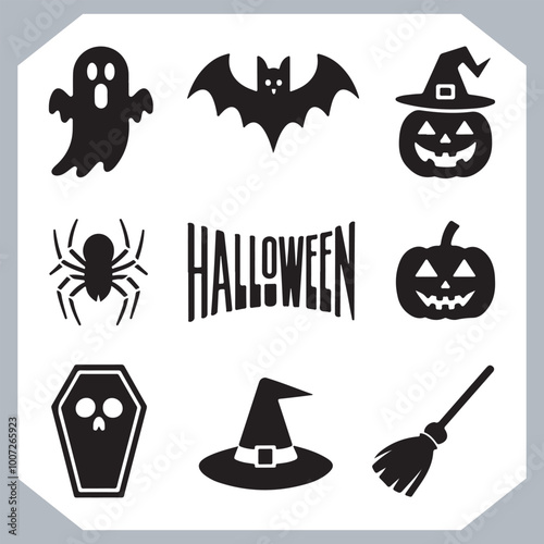 Set of logotype different type of black simple Halloween vector illustration silhouettes in white background, collection of Halloween silhouettes