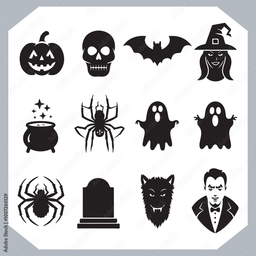 Obraz premium Set of logotype different type of black simple Halloween vector illustration silhouettes in white background, collection of Halloween silhouettes