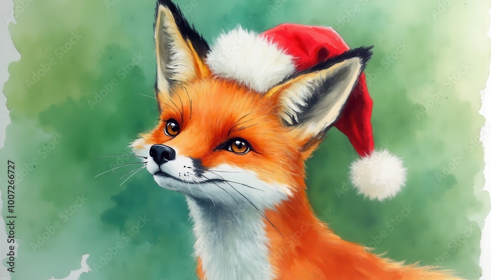Fototapeta premium Photorealistic masterpiece fox with Christmas cap on a right side of a green color background looking in camera, only top of body, detailed