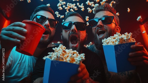 Three friends enjoying popcorn and drinks while watching a movie