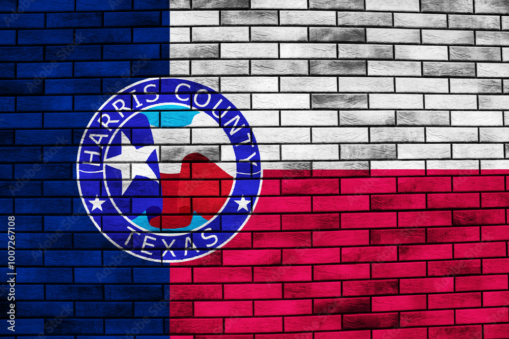 Obraz premium Flag of the city of Harris County, Texas, USA, on a background of a brick wall. Conceptual collage