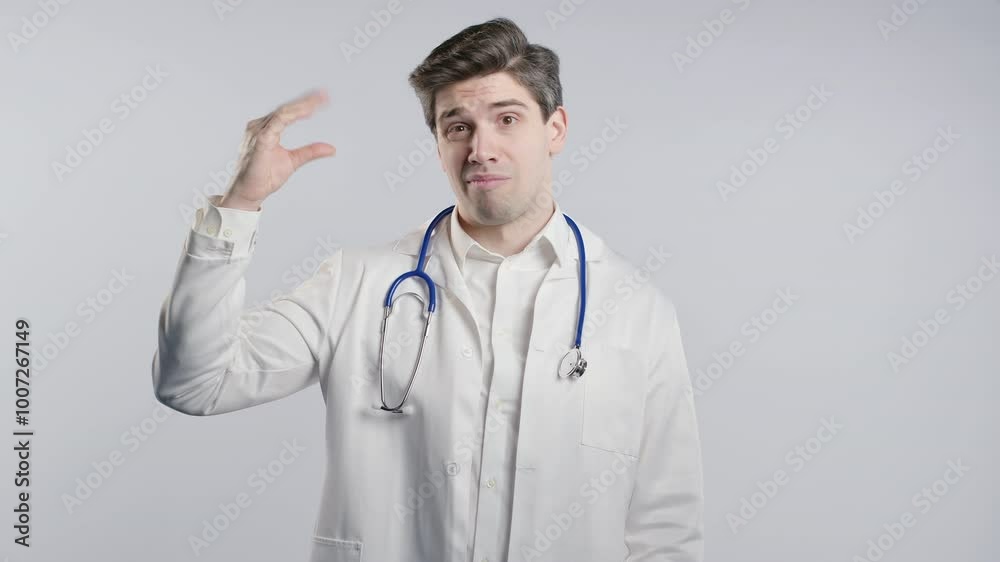 Handsome Bored Doctor Man In Medical Coat Showing Bla-Bla-Bla Gesture With Hands Handsome Bored Doctor Man In Medical Coat Showing Bla-Bla-Bla Gesture With Hands