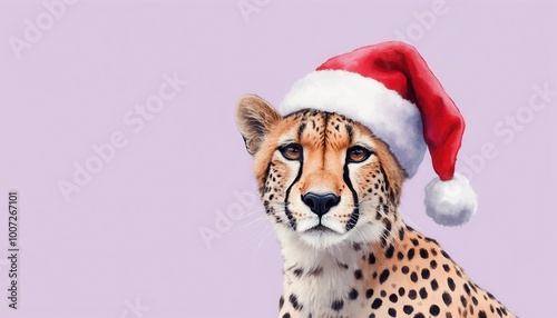 Photorealistic masterpiece cheetah with Christmas cap on a right side of a lavender color background looking in camera, only top of body, detailed
