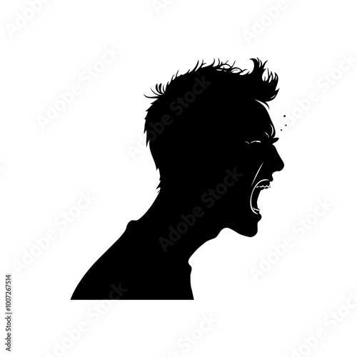 Silhouette of a man with messy hair screaming, side view on a white background. Concept of anger, frustration, and emotional expression