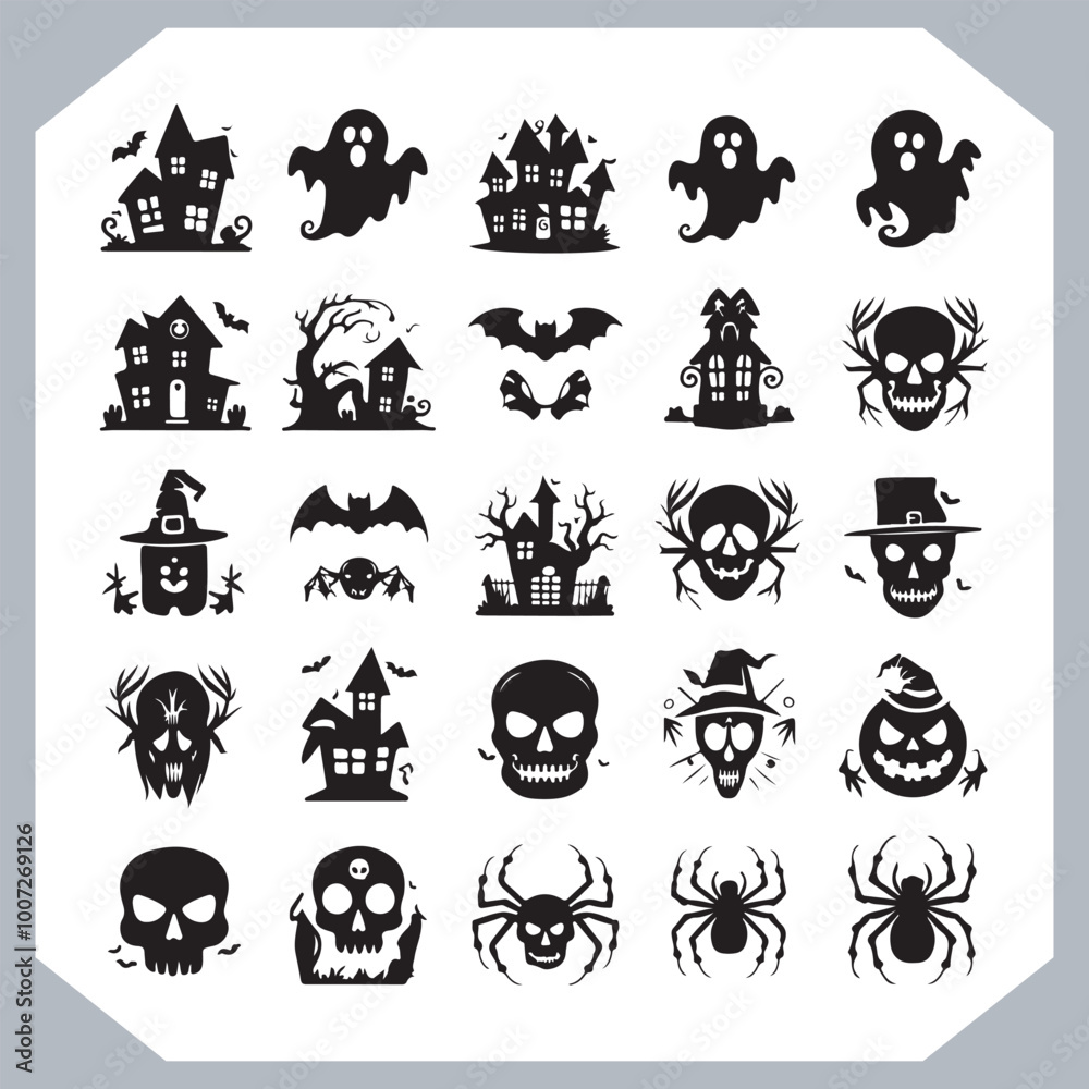 Obraz premium Set of logotype different type of black simple Halloween vector illustration silhouettes in white background, collection of Halloween silhouettes