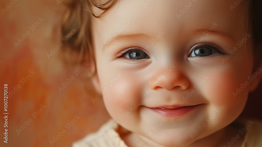 Happy baby smiling against a warm, golden bokeh background, creating a soft and joyful atmosphere. Happy baby smiling against a warm, golden bokeh background, creating a soft and joyful atmosphere.
