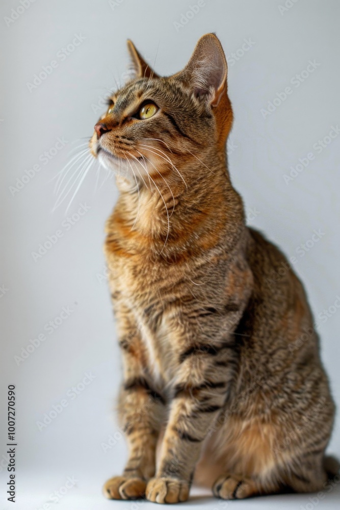 Obraz premium A cat sitting on a white surface, looking up
