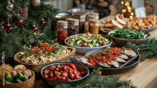 Festive plant-based dishes on a christmas table with salads, roasted vegetables, and garnishes, surrounded by holiday decorations.