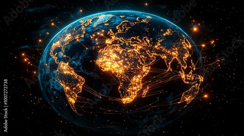 A high-tech depiction of Earth from space, showcasing illuminated city networks across continents. Glowing lines represent digital data connections, emphasizing global communication and technology.