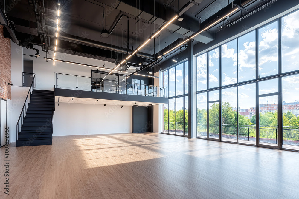 an open-plan office space ready for customization, bathed in natural light from floor-to-ceiling windows an open-plan office space ready for customization, bathed in natural light from floor-to-ceiling windows