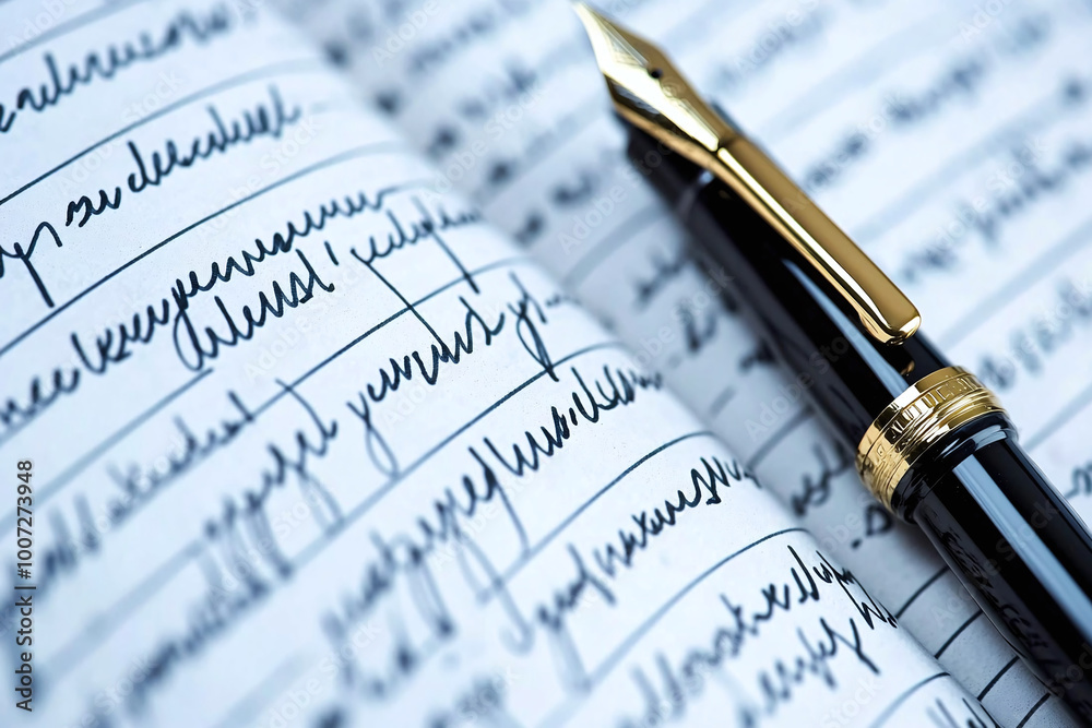 close-up of a ledger book with neat handwritten entries, a fountain pen resting nearby close-up of a ledger book with neat handwritten entries, a fountain pen resting nearby