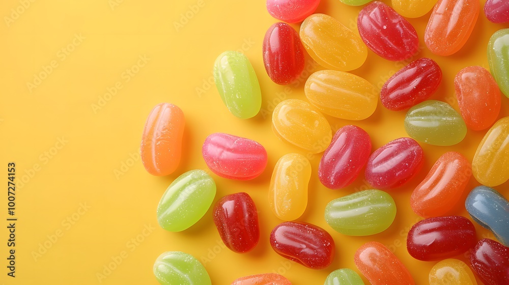 Colorful jelly beans scattered on a bright yellow background. Flat lay with copy space. Designed for candy-themed banners, marketing materials, and playful snack concepts. Colorful jelly beans scattered on a bright yellow background. Flat lay with copy space. Designed for candy-themed banners, marketing materials, and playful snack concepts.