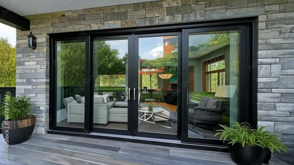 A modern patio door with black frames is open, revealing a glimpse of ...