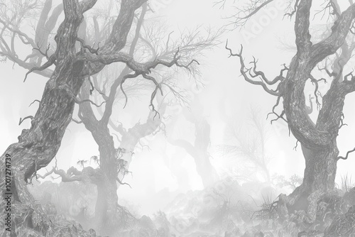 Mysterious foggy forest with copy space, black white illustration photo