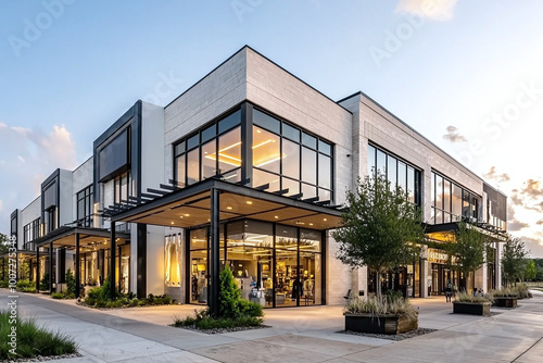 a modern mixed-use building exterior with retail spaces on the ground floor and office windows above, featuring a stylish canopy