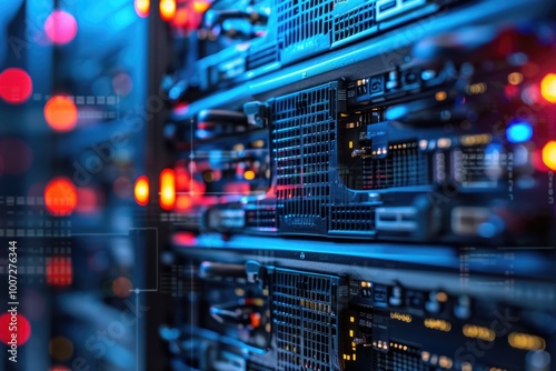 Row of servers in a server room, providing data storage and processing capabilities