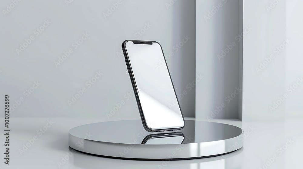3d smartphone on blue cube podium floating on white copy space background. Realistic mobile phone with blank white screen. Minimal studio. Monotone pedestal mockup space for display app. 3d rendering 3d smartphone on blue cube podium floating on white copy space background. Realistic mobile phone with blank white screen. Minimal studio. Monotone pedestal mockup space for display app. 3d rendering
