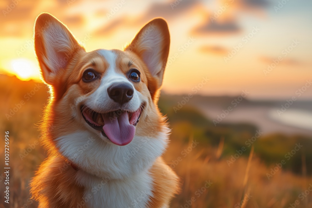 Joyful Corgi enjoying the summer sunset while traveling with its owner in the car