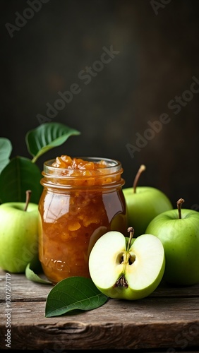 Fresh Homemade Apple Jam in Glass Jar with Whole Green Apples on Rustic Wooden Table for Organic Food Lovers