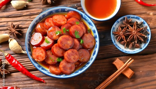 Delicious sausage, spicy and appetizing, full of festive atmosphere.