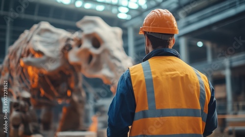 Fototapeta Naklejka Na Ścianę i Meble -  Worker observing a dinosaur skeleton in a museum