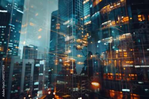 Wallpaper Mural Abstract world map overlay on modern business center  research strategy. Torontodigital.ca