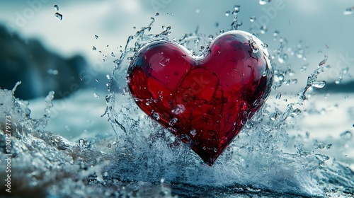 Red Glass Heart Splashing in Water - Love, Romance, and Passion. photo