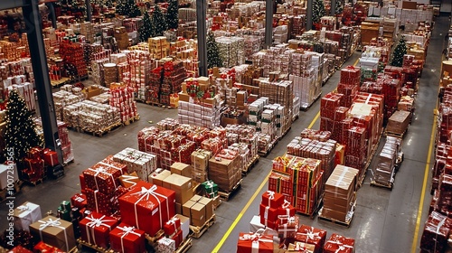 Warehouse filled with holiday packages, representing the peak season in logistics and distribution.