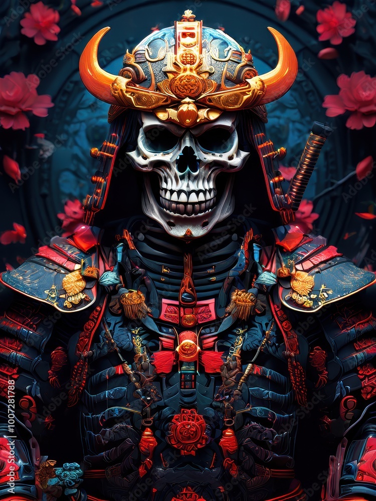 Fototapeta premium A stylized samurai skeleton in ornate armor surrounded by red flowers.