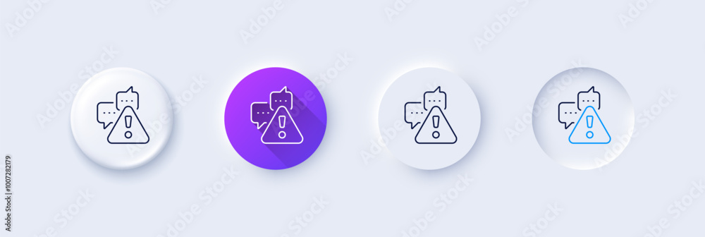 Warning line icon. Neumorphic, Purple gradient, 3d pin buttons. Attention triangle sign. Caution alert symbol. Line icons. Neumorphic buttons with outline signs. Vector Warning line icon. Neumorphic, Purple gradient, 3d pin buttons. Attention triangle sign. Caution alert symbol. Line icons. Neumorphic buttons with outline signs. Vector