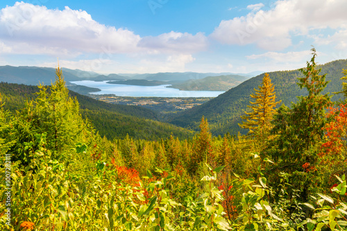 Tableau sur toile Panoramic wide angle view from Schweitzer Mountain and resort of the towns of Kootenai, Ponderay and Sandpoint, Idaho, along the shores of Lake Pend Oreille, in Sandpoint Idaho, North Idaho Panhandle