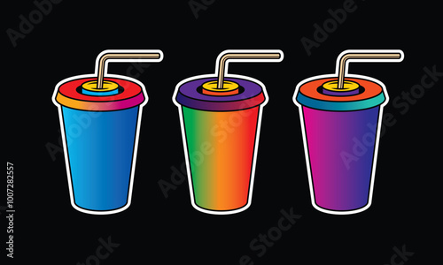 Fast food plastic cup with straw. Hot or cold drink. Original vector illustration in vintage style.