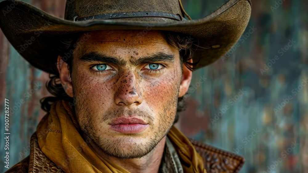A man in a brown cowboy hat stares intensely into the camera, his blue eyes piercing through the lens A man in a brown cowboy hat stares intensely into the camera, his blue eyes piercing through the lens