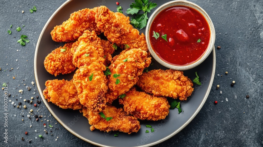 Fototapeta premium Fried breaded chicken tender strips with tomato ketchup sauce, black background top view. Crispy meat nuggets on plate